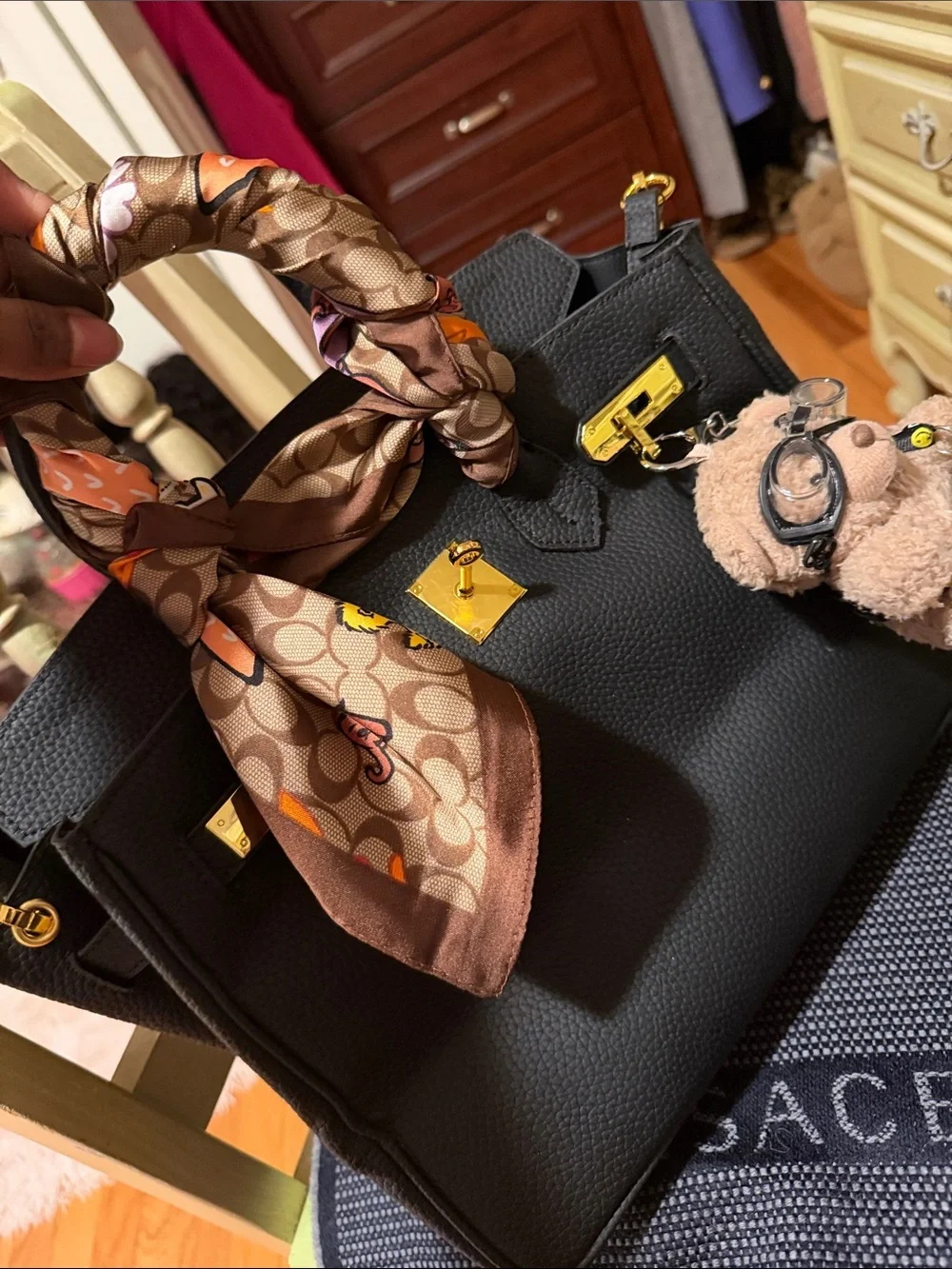 Black Structured Satchel with Brown Floral Handle Scarf